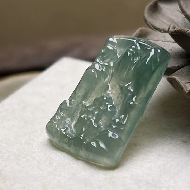 冰種油青翡翠山水牌項鍊 | 天然緬甸玉翡翠A貨 | 送禮