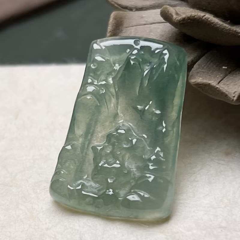 冰種油青翡翠山水牌項鍊 | 天然緬甸玉翡翠A貨 | 送禮