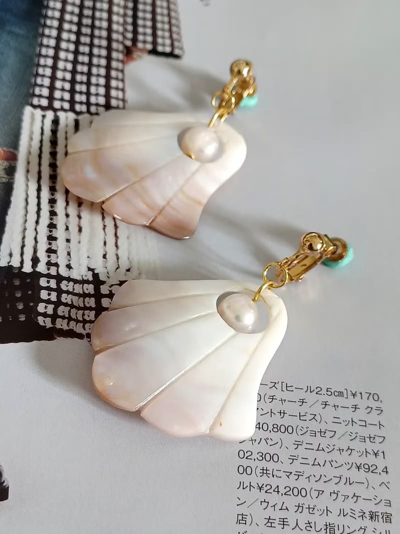 vintage jewelry  典雅氣質扇形珠貝 夾式耳環