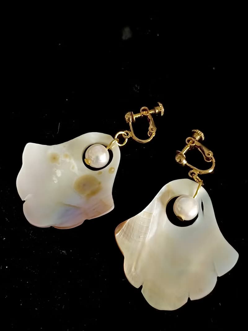 vintage jewelry  典雅氣質扇形珠貝 夾式耳環