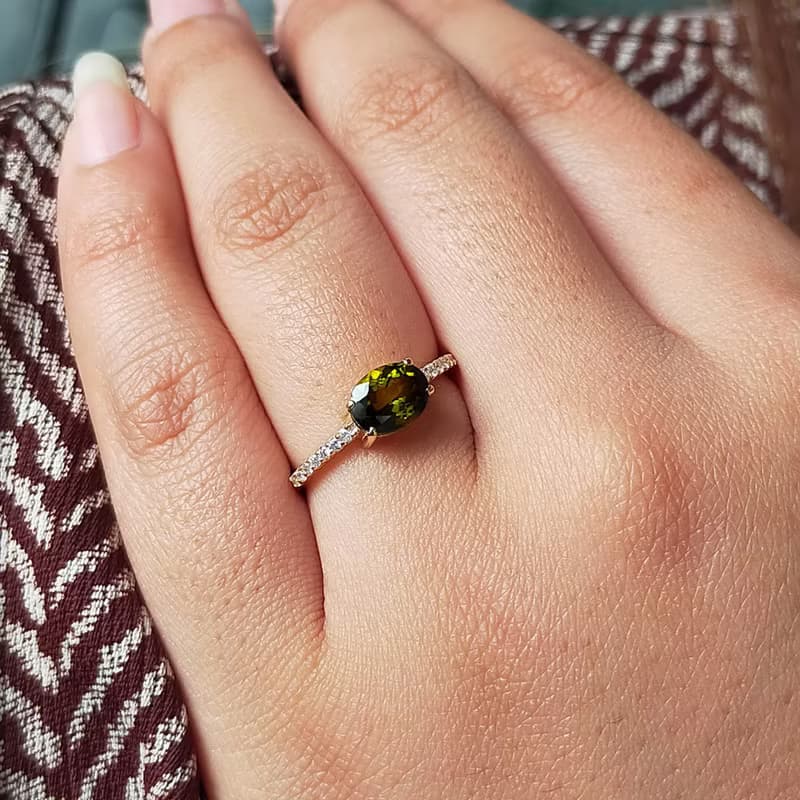 Green tourmarin ring in 14k solid gold, delicate diamond ring, gifts for her