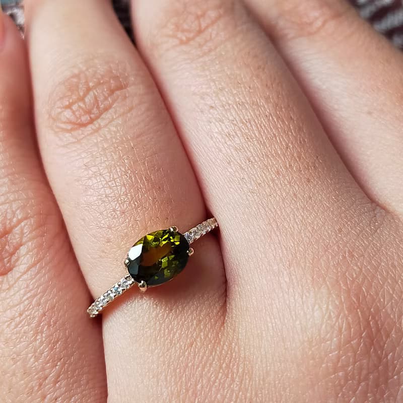 Green tourmarin ring in 14k solid gold, delicate diamond ring, gifts for her