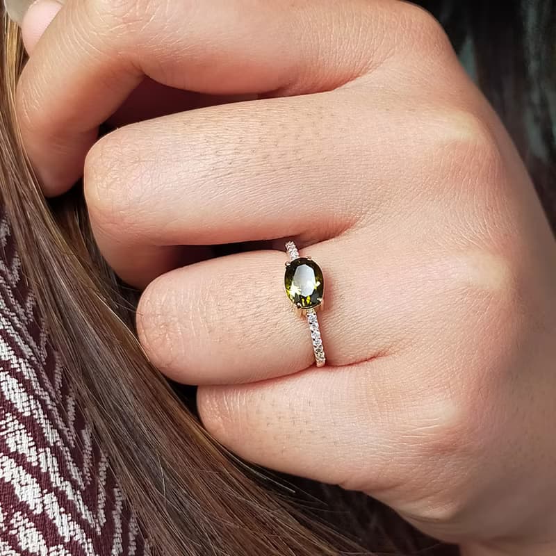 Green tourmarin ring in 14k solid gold, delicate diamond ring, gifts for her