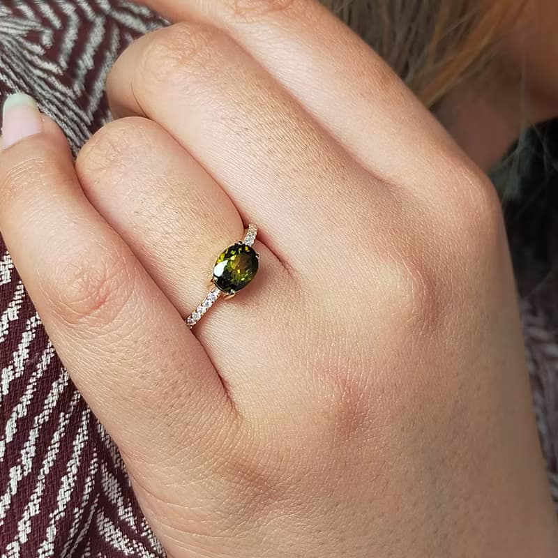 Green tourmarin ring in 14k solid gold, delicate diamond ring, gifts for her