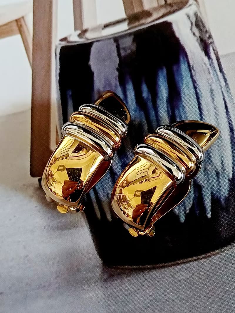 vintage jewelry  典雅金色方形橫紋夾式耳環