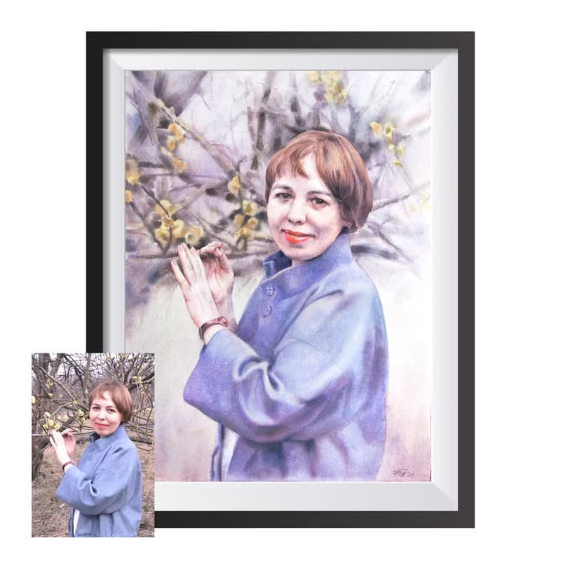 Custom original watercolor portrait painting by artist Irina Zhunaeva