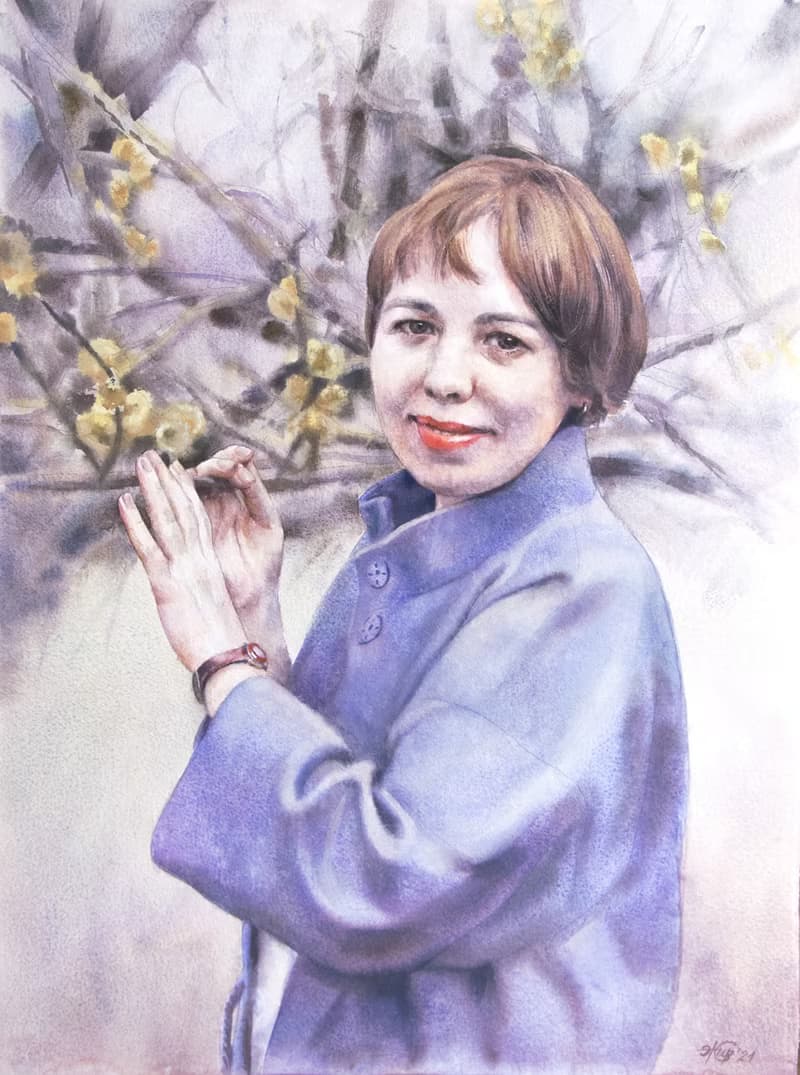 Custom original watercolor portrait painting by artist Irina Zhunaeva