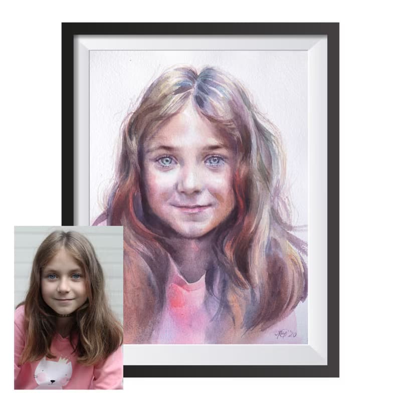 Custom original watercolor portrait painting by artist Irina Zhunaeva
