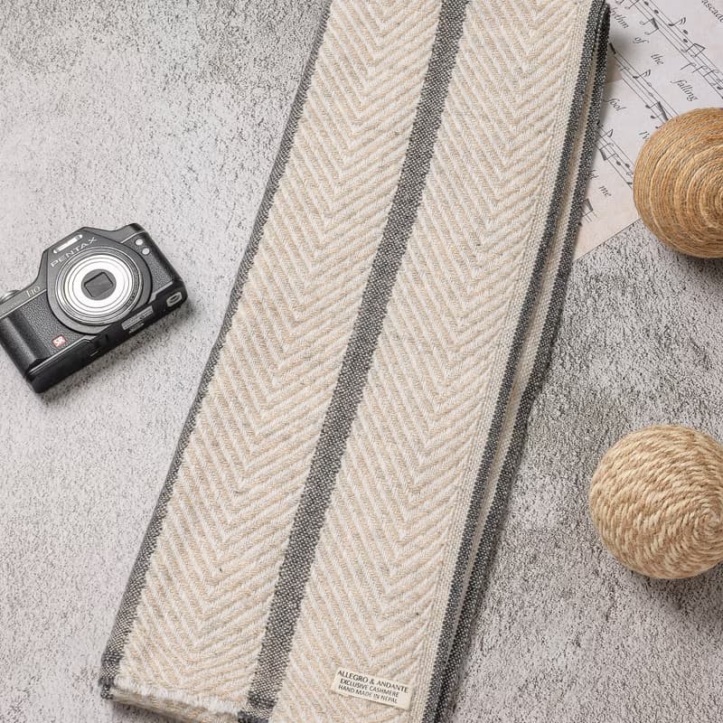 【窄版】喀什米爾羊毛圍巾 淺褐山形灰條紋 脖圍 手工機織