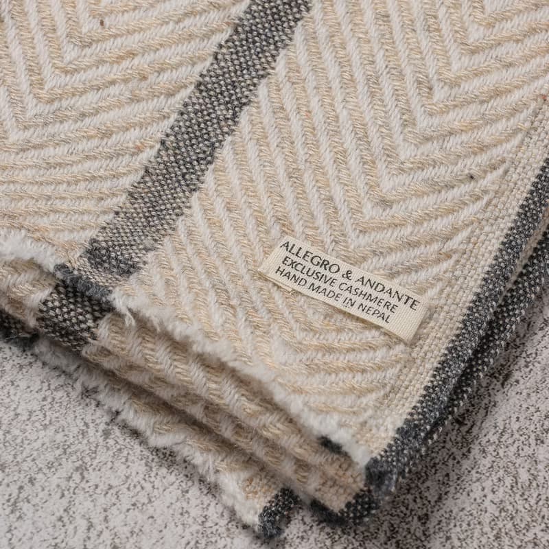 【窄版】喀什米爾羊毛圍巾 淺褐山形灰條紋 脖圍 手工機織