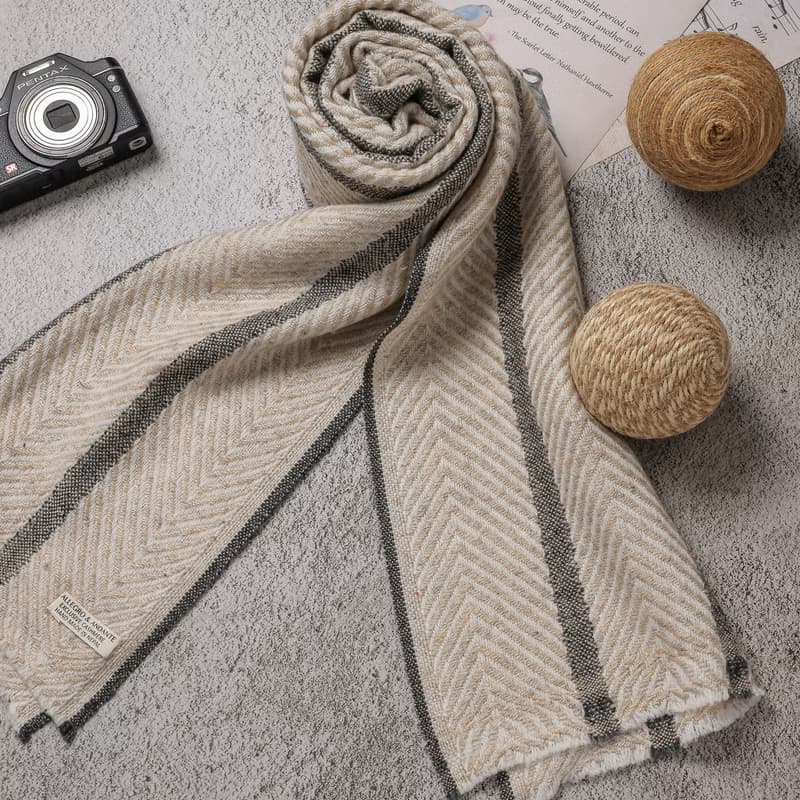 【窄版】喀什米爾羊毛圍巾 淺褐山形灰條紋 脖圍 手工機織