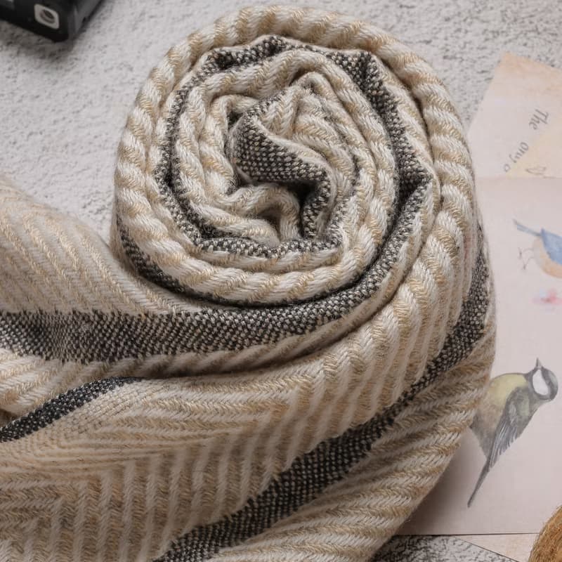 【窄版】喀什米爾羊毛圍巾 淺褐山形灰條紋 脖圍 手工機織