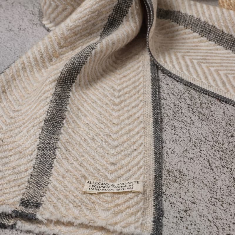 【窄版】喀什米爾羊毛圍巾 淺褐山形灰條紋 脖圍 手工機織