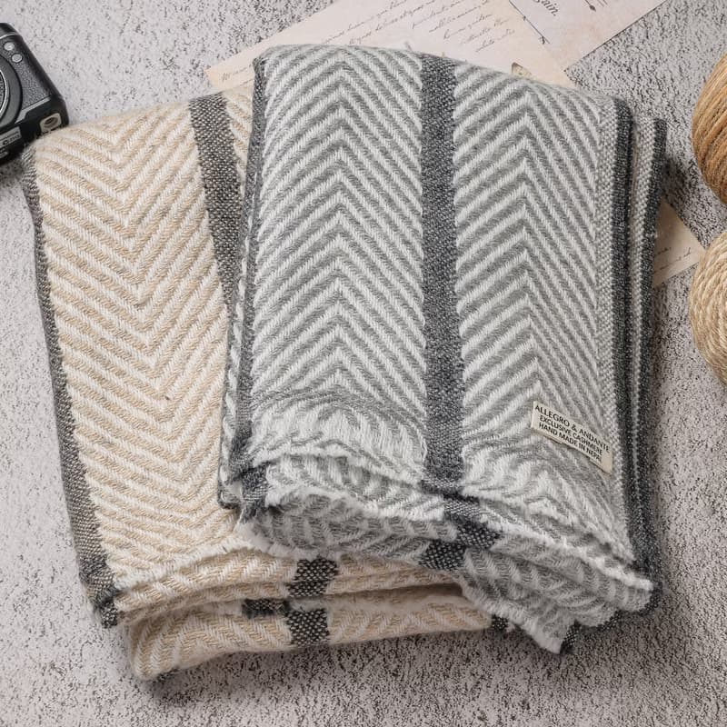 【窄版】喀什米爾羊毛圍巾 淺褐山形灰條紋 脖圍 手工機織