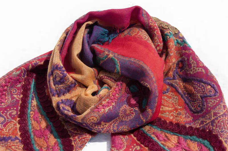 喀什米爾Cashmere 水煮羊毛披肩 針織圍巾 刺繡圍巾 羊絨披巾-花