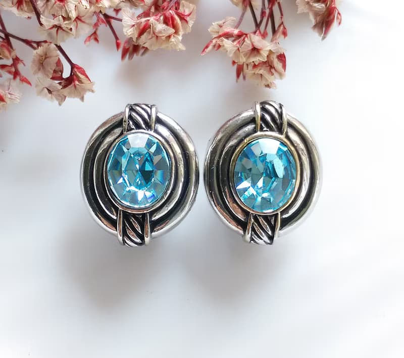 Vintage Jewelry 西洋古董飾品 沁藍鑽  復古造型  針式耳環
