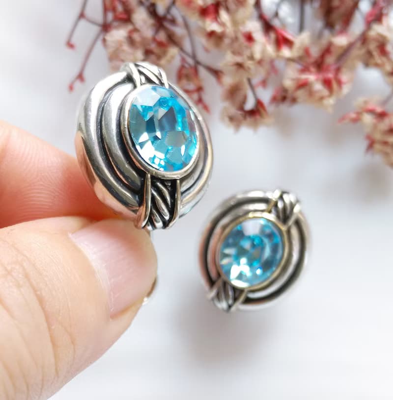 Vintage Jewelry 西洋古董飾品 沁藍鑽  復古造型  針式耳環