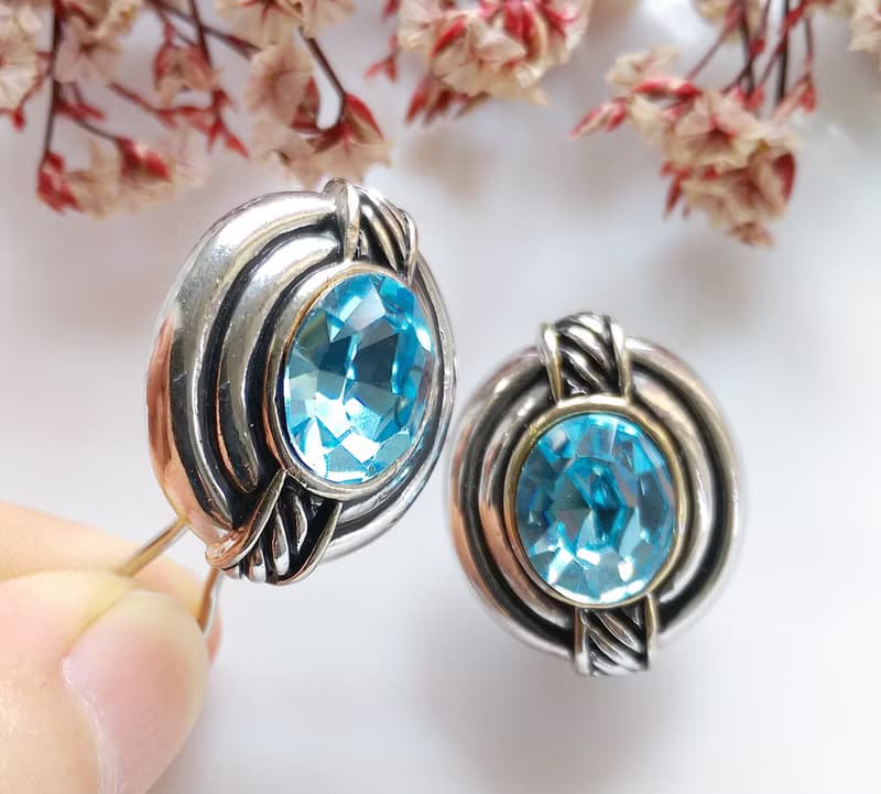 Vintage Jewelry 西洋古董飾品 沁藍鑽  復古造型  針式耳環
