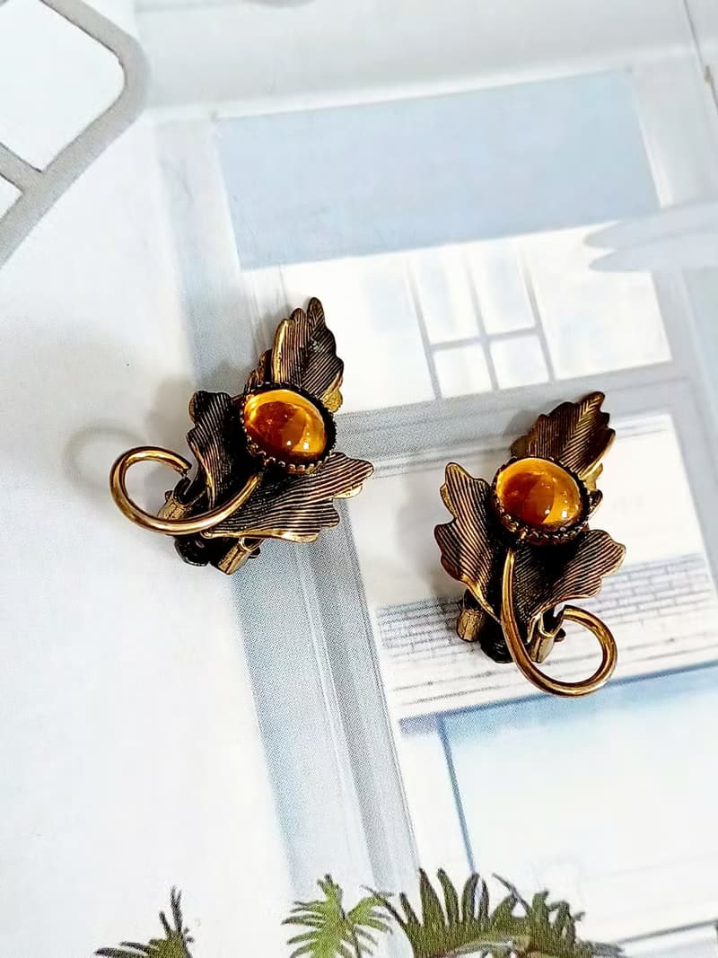 vintage jewelry  典雅古銅蕨葉 夾式耳環