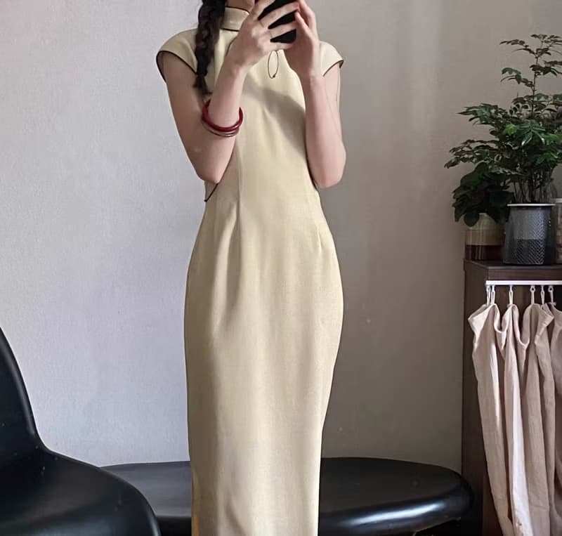 新中式復古 鵝黃撞色鑲邊改良旗袍