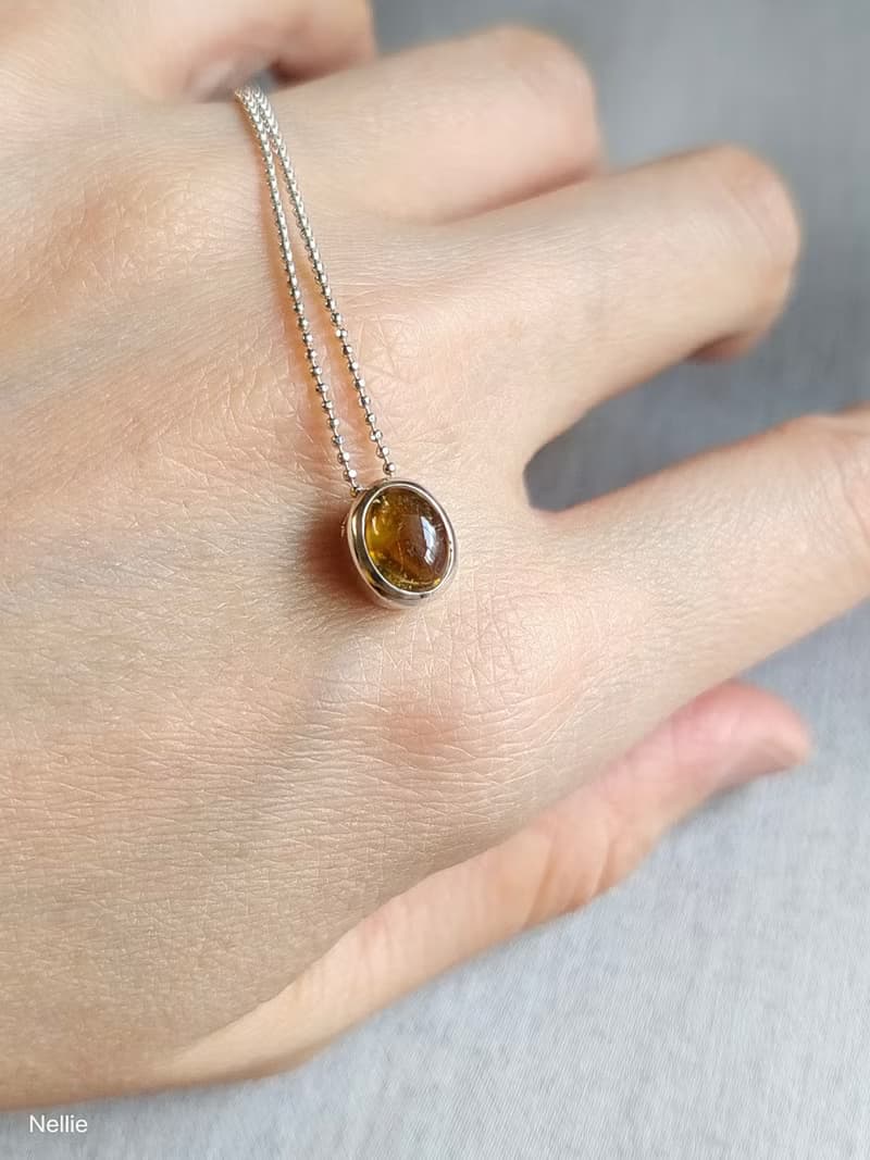 天然 蜂蜜琥珀色 碧璽 鎖骨墜 項鍊 尼泊爾製 925純銀