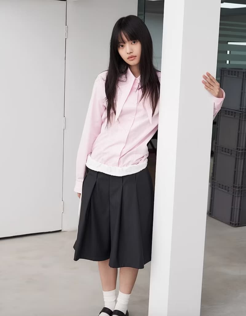 日系復古 粉色長尖領襯衫