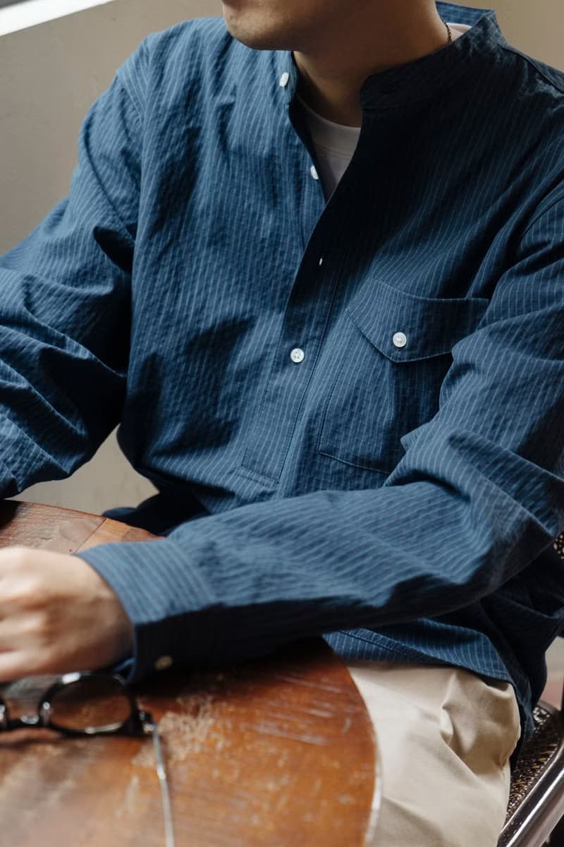 SHIRT 藍綠配色泡泡紗質感襯衫 寬鬆套頭舒適休閒條紋輕薄長袖衫