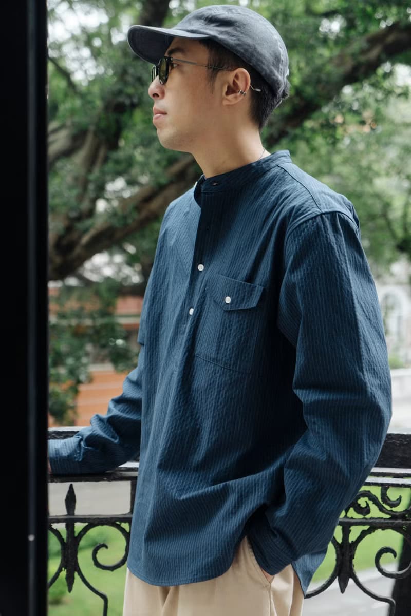 SHIRT 藍綠配色泡泡紗質感襯衫 寬鬆套頭舒適休閒條紋輕薄長袖衫