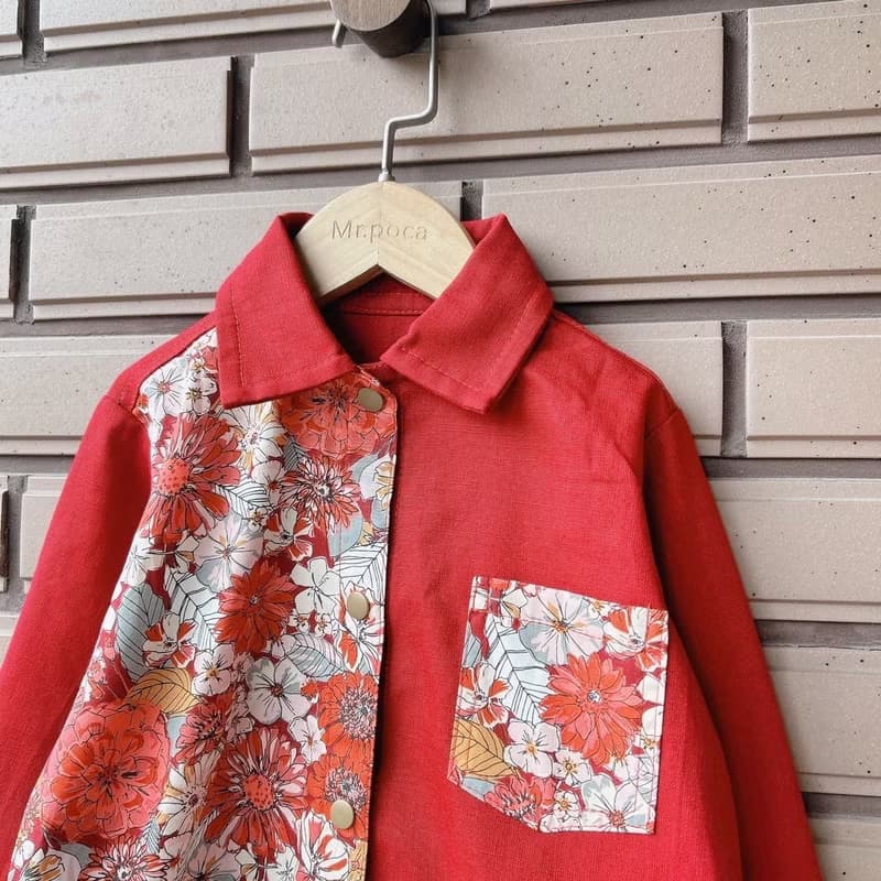祕密花園 紅 - 長袖拼接襯衫