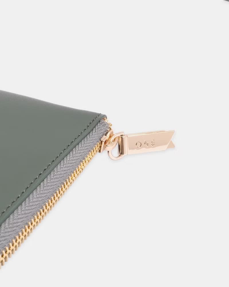 素皮革 L形 拉鍊短夾 錢包 零錢包 綠色