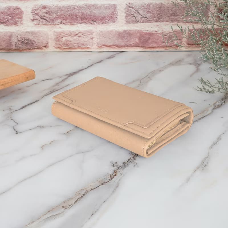 立體拼貼軟牛皮多夾層兩折中夾4152(奶茶色)