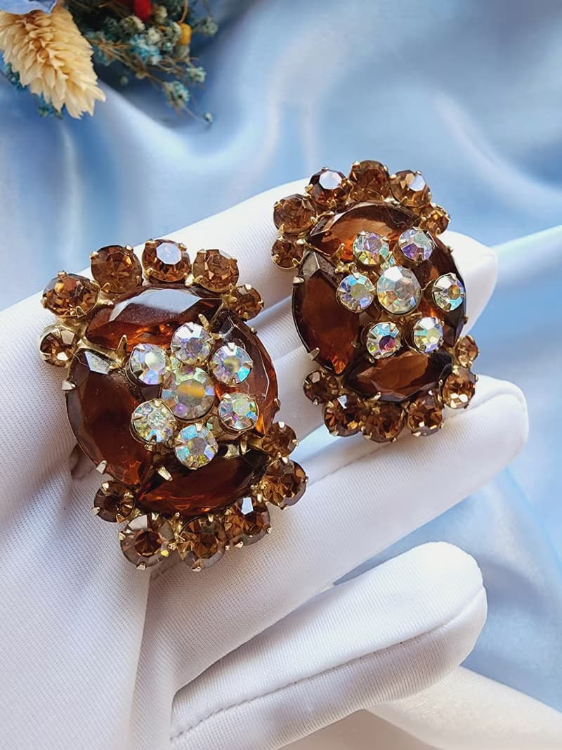 美國西洋古董飾品/ D&E Juliana琥珀色北極光鑽花夾式耳環