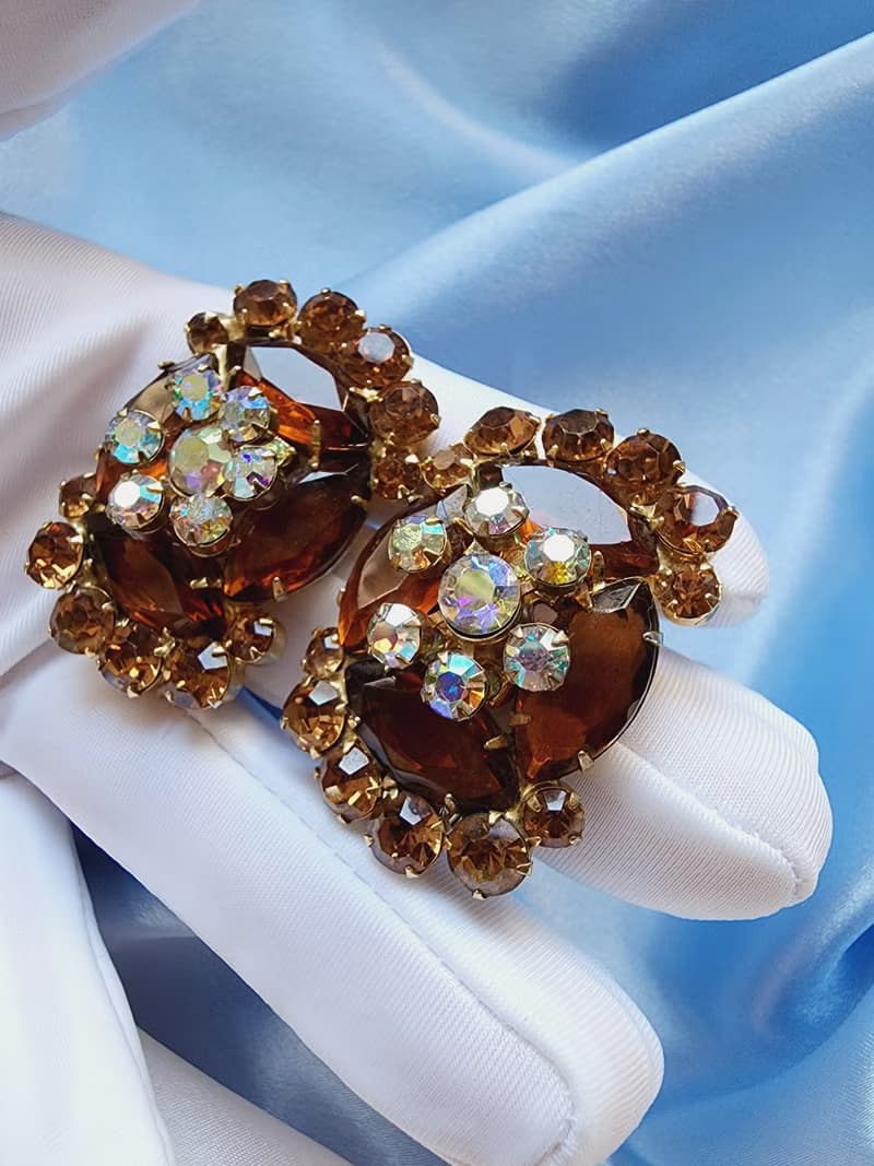美國西洋古董飾品/ D&E Juliana琥珀色北極光鑽花夾式耳環