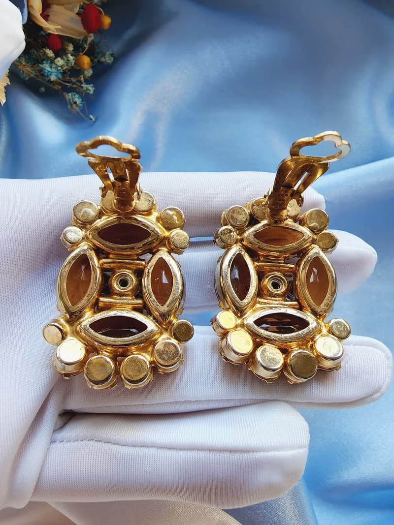 美國西洋古董飾品/ D&E Juliana琥珀色北極光鑽花夾式耳環