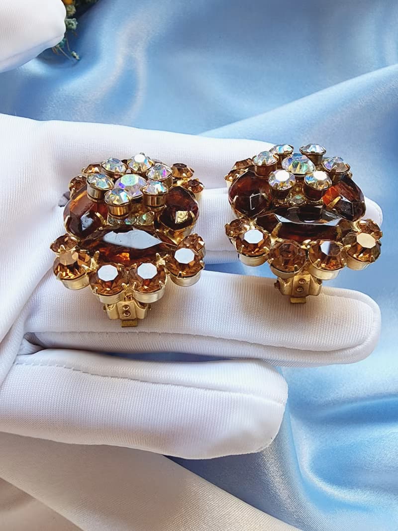 美國西洋古董飾品/ D&E Juliana琥珀色北極光鑽花夾式耳環