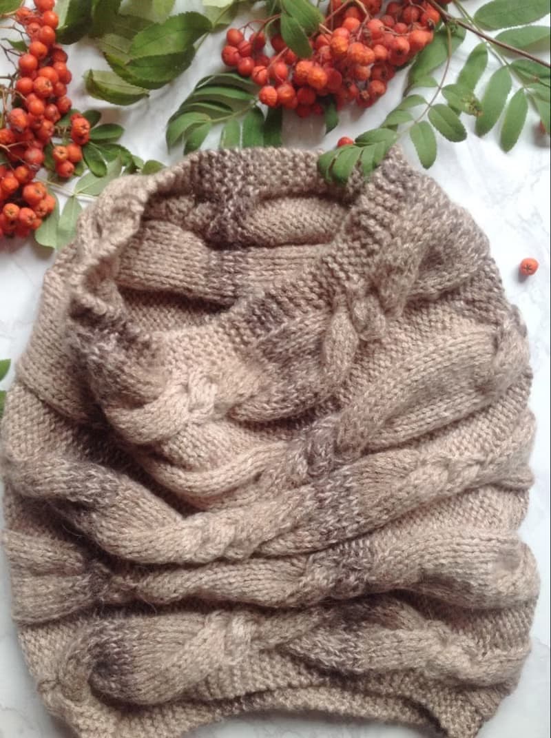 Hand knitted snood scarf for women.