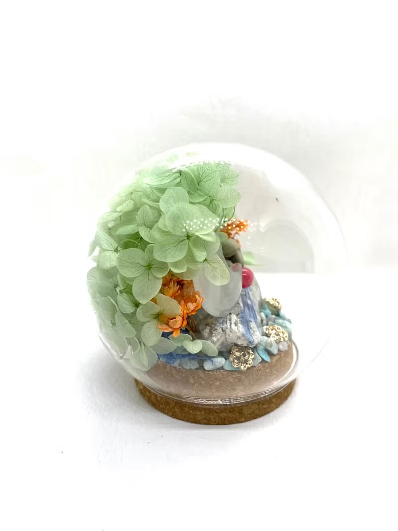 海龜與白水晶月亮/巴西藍晶原石/紅纹石-水晶公仔乾燥花擺設