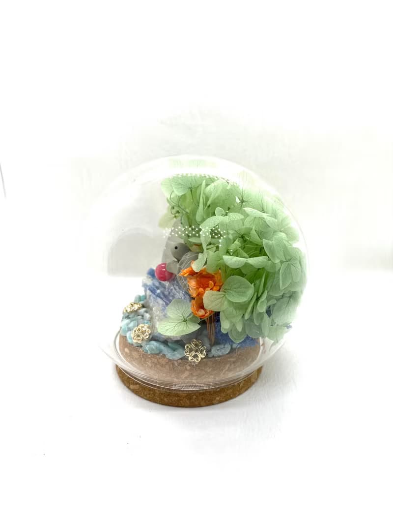 海龜與白水晶月亮/巴西藍晶原石/紅纹石-水晶公仔乾燥花擺設