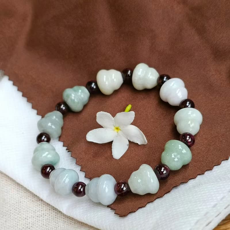 Burmese Jade Bracele Carved Gourd Step With Genuine Red Garnet Gourd Size 12 mm