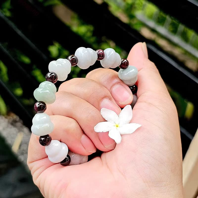 Burmese Jade Bracele Carved Gourd Step With Genuine Red Garnet Gourd Size 12 mm