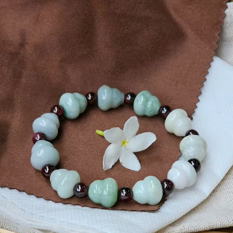 Burmese Jade Bracele Carved Gourd Step With Genuine Red Garnet Gourd Size 12 mm