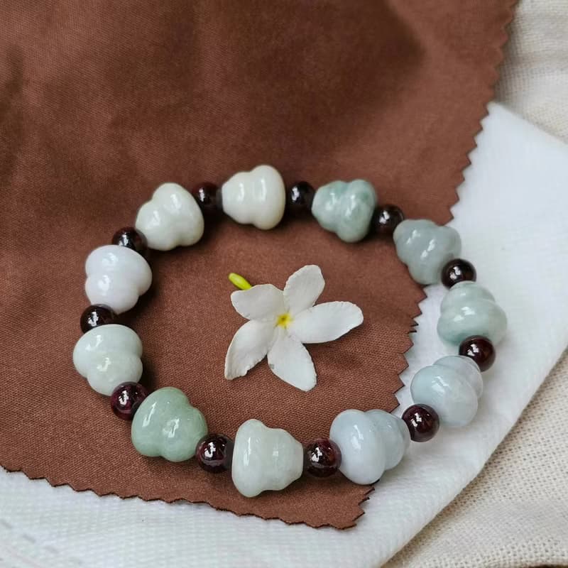 Burmese Jade Bracele Carved Gourd Step With Genuine Red Garnet Gourd Size 12 mm