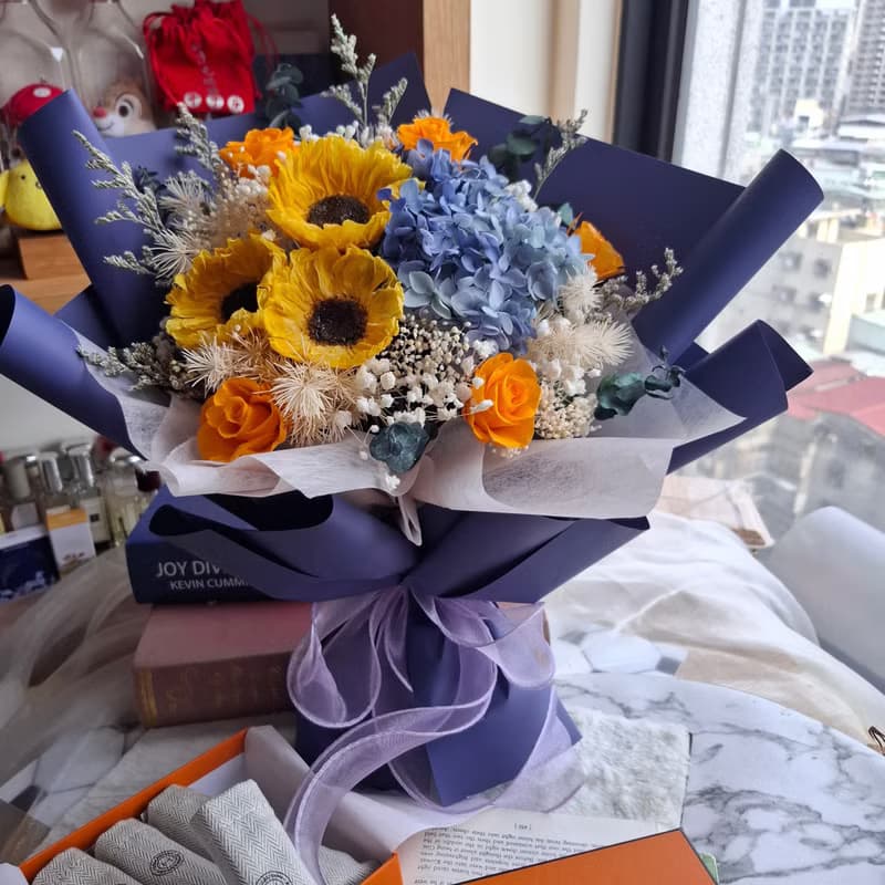 韓系永生向日葵繡球花束 向日葵花束 男士花束 畢業 父親節花束