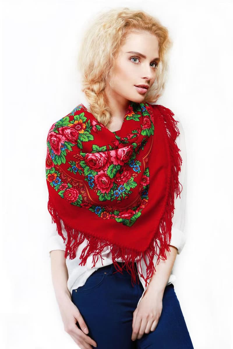 Authentic Pavlovo Posad Russian Shawl Scarf Soft 100% Wool 89x89 cm 190-5 Red