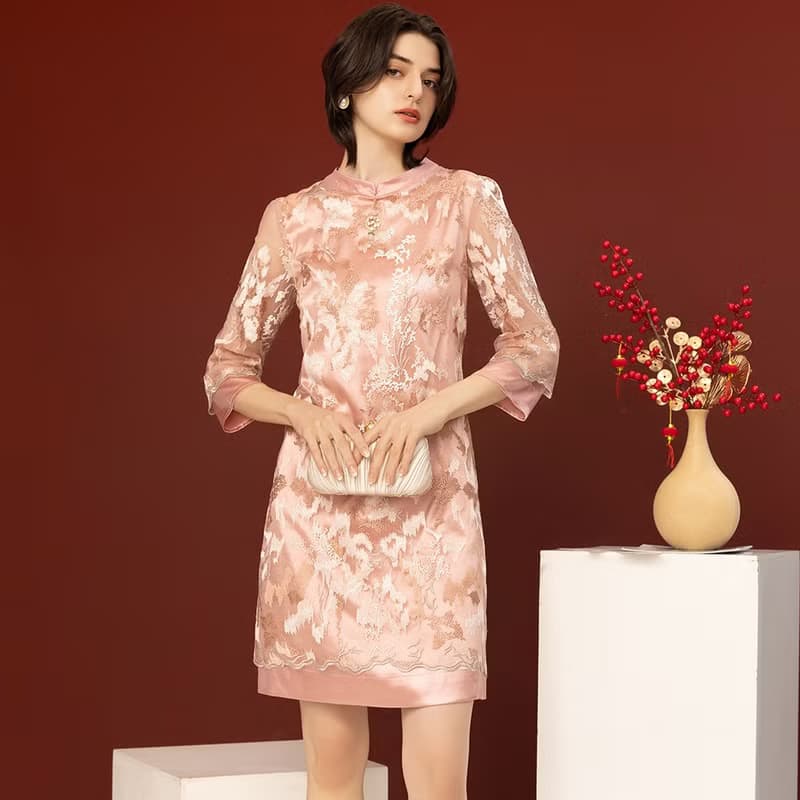 【MEDUSA】新中式粉紅刺繡小禮服(M-XL) | 禮服洋裝 媽媽禮服