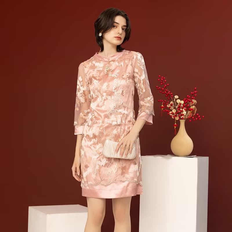 【MEDUSA】新中式粉紅刺繡小禮服(M-XL) | 禮服洋裝 媽媽禮服