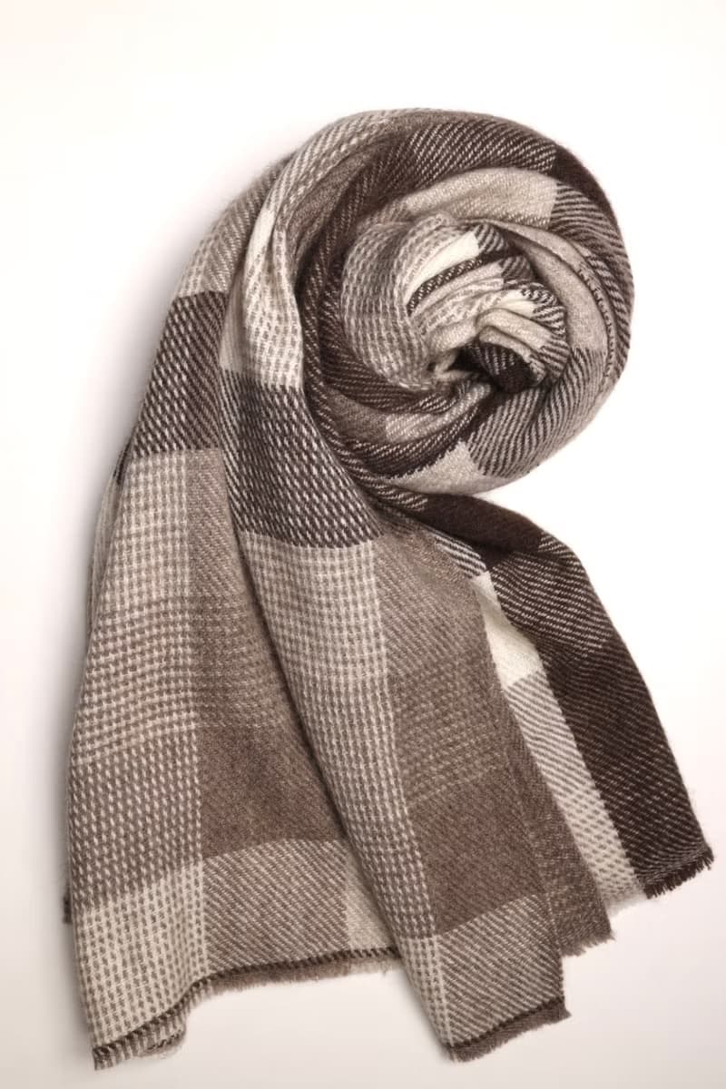 【預購】喀什米爾純氂牛絨手工柔軟厚織圍巾披肩日系格紋保暖蓬鬆