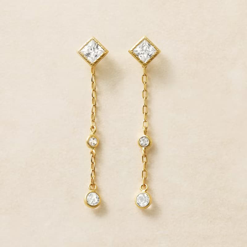【Second Earrings】 18K 黃金方晶鋯石方形切割耳環