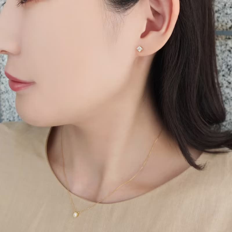 【Second Earrings】 18K 黃金方晶鋯石方形切割耳環