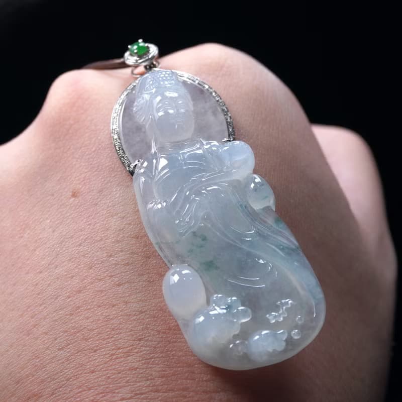 冰種飄藍花翡翠媽祖天上聖母項鍊18K金鑽石| 天然緬甸玉A貨| 送禮